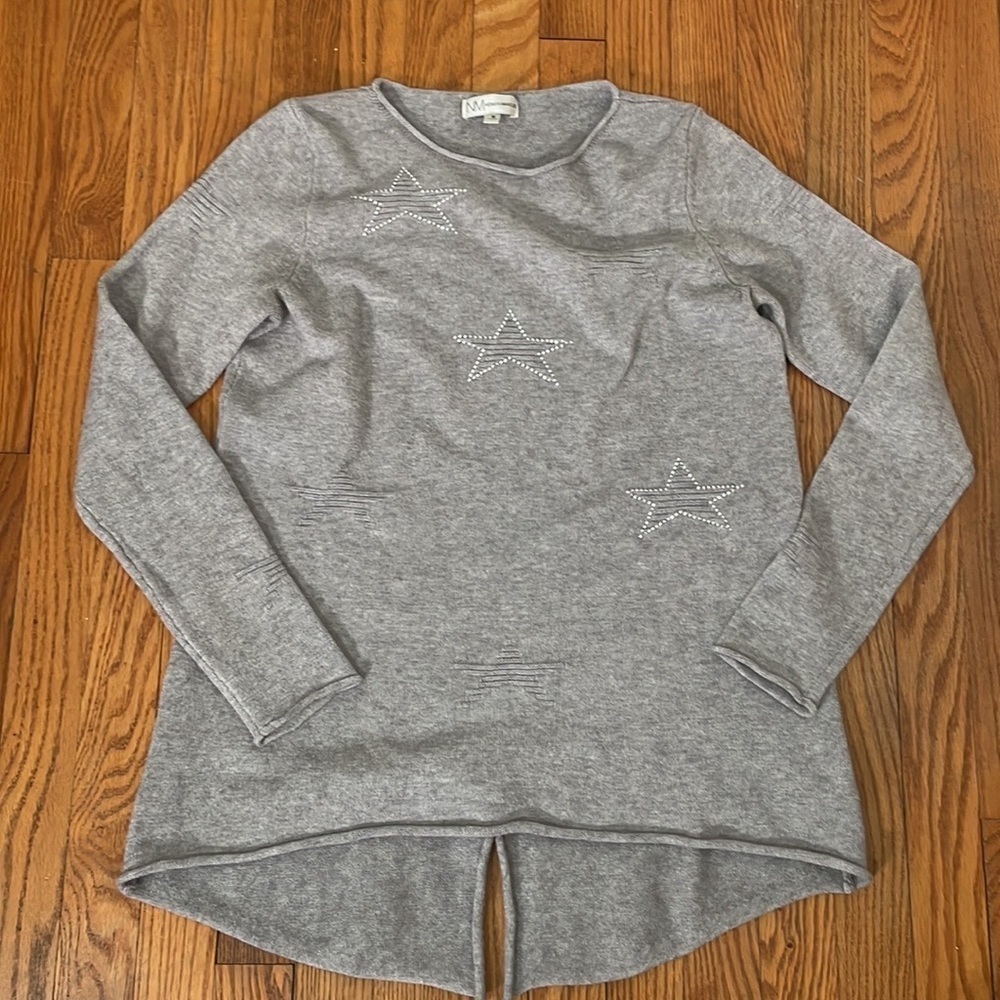 Neiman Marcus Gray Star Embellished Knit‎ Sweater Long Sleeve Top Womens M